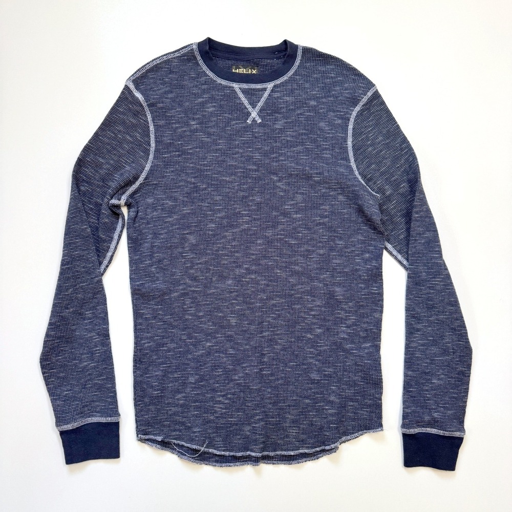 HELIX‎ Waffle Knit Thermal Crew Neck Long Sleeve Shirt Dark Navy Men's M Y2K